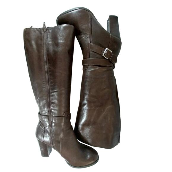 MARC FISHER! ESPRESSO BROWN GENUINE LEATHER CHUNKY HEEL ANKLE WRAP BOOTS!SZ 7.5M - Picture 7 of 11